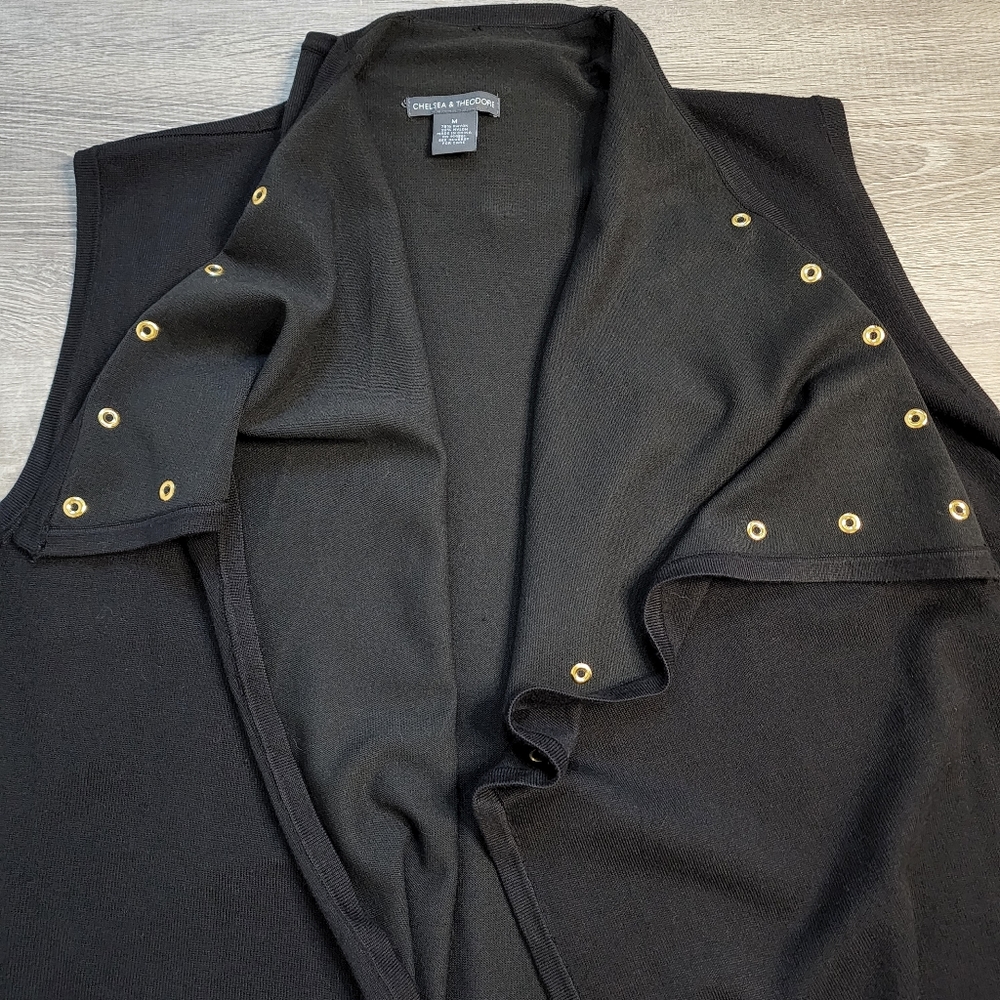 CHELSEA & THEODORE Black Knit Cardigan Sweater Vest Gold Grommet - Picture 2 of 10